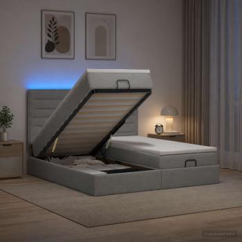 ARDEBO.de - Ottoman-Bett mit Matratze und LED Hellgrau 200 x 200 cm Stoff