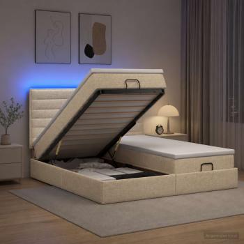 ARDEBO.de - Ottoman-Bett mit Matratze und LED Creme 200 x 200 cm Stoff