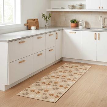 ARDEBO.de - Küchen Teppich Beige Pfoten 150 x 45 cm 100% Polyamid Waschbar