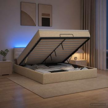 ARDEBO.de - Ottoman-Bett mit Matratze und LED Creme 160 x 200 cm Stoff