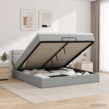 ARDEBO.de - Ottoman-Bett mit Matratze und LED Hellgrau 200 x 200 cm Stoff