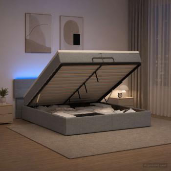 ARDEBO.de - Ottoman-Bett mit Matratze und LED Hellgrau 200 x 200 cm Stoff
