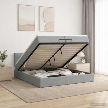 Ottoman-Bett mit Matratze und LED Hellgrau 200 x 200 cm Stoff