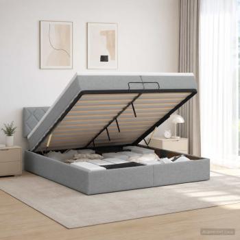 ARDEBO.de - Ottoman-Bett mit Matratze und LED Hellgrau 200 x 200 cm Stoff