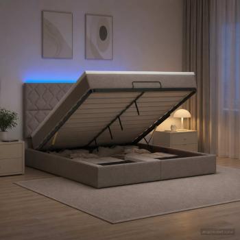 ARDEBO.de - Ottoman-Bett mit Matratze und LED Taupe 180 x 200 cm Stoff