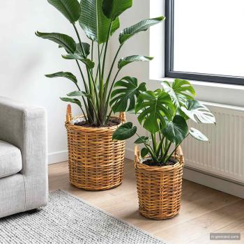 ARDEBO.de - Blumentopfkorb mit Speicher GENDT 2 stk. Naturbraun Kubu Rattan