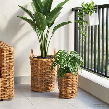 Blumentopfkorb mit Speicher GENDT 2 stk. Naturbraun Kubu Rattan