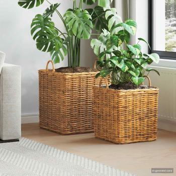 ARDEBO.de - Pflanzer Korb mit Speicher GENDT 2 stk. Naturbraun Kubu Rattan