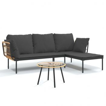 3-tlg. Garten-Lounge-Set mit Kissen Dunkelgrau Poly Rattan