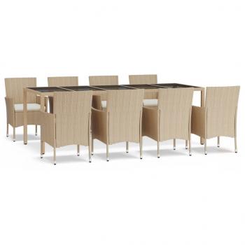 ARDEBO.de - 9-tlg. Garten-Essgruppe mit Kissen Beige Poly Rattan