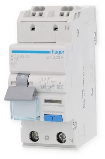 ARDEBO.de Hager ADS920D Fehlerstrom-Leitungsschutzschalter 1P+N 6kA B-20A 30mA Typ A QuickConnect