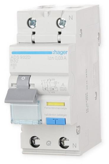 Hager ADS932D Fehlerstrom-Leitungsschutzschalter 1P+N 6kA B-32A 30mA Typ A QuickConnect