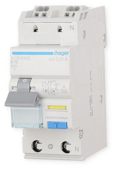 ARDEBO.de Hager ACS916D Fehlerstrom-Leitungsschutzschalter, FI/LS-Schalter, 1P+N 6kA B-16A 10mA Typ A