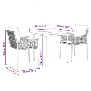 3-tlg. Garten-Essgruppe mit Kissen Poly Rattan und Stahl
