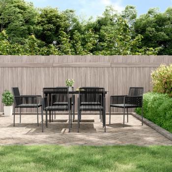 ARDEBO.de - 7-tlg. Garten-Essgruppe mit Kissen Schwarz Poly Rattan & Stahl