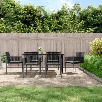 ARDEBO.de - 7-tlg. Garten-Essgruppe mit Kissen Schwarz Poly Rattan & Stahl
