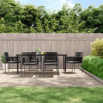 ARDEBO.de - 7-tlg. Garten-Essgruppe mit Kissen Schwarz Poly Rattan & Stahl