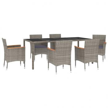 ARDEBO.de - 7-tlg. Garten-Essgruppe mit Kissen Grau Poly Rattan