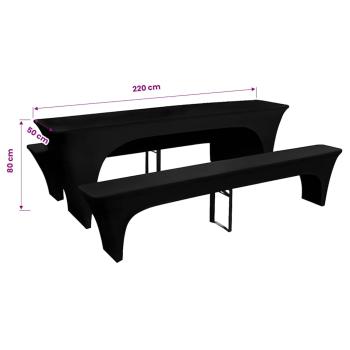 3 Schonbezüge für Biertisch und Bänke Stretch Schwarz 220 x 50 x 80 cm