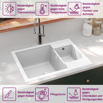 Küchenspüle mit Überlauf Doppelbecken Weiß Granit