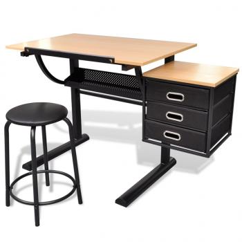 Zeichentisch mit neigbarer Tischplatte 3 Schubladen und Hocker 