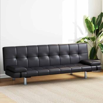 Schlafsofa mit 2 Kissen Kunstleder Ausziehbar Schwarz  