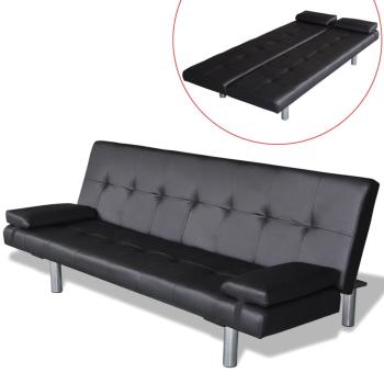 Schlafsofa mit 2 Kissen Kunstleder Ausziehbar Schwarz  