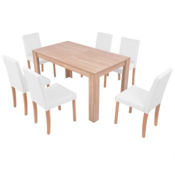 Esszimmertisch und Stühle 7-tlg. Kunstleder Eiche Cremeweiß