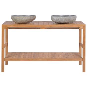 Waschtischunterschrank Teak Massiv mit Flussstein Waschbecken