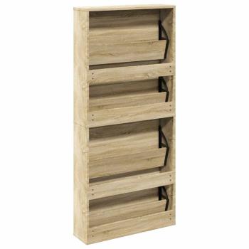 Schuhschrank mit 4 Fächern Spiegel Eiche 63×17×134 cm