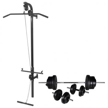ARDEBO.de - Kraftturm zur Wandmontage mit Lang- und Kurzhantel-Set 60,5 kg