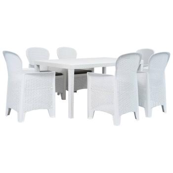 ARDEBO.de - 7-tlg. Garten-Essgruppe Kunststoff Weiß Rattan-Optik