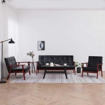 3-tlg. Sofagarnitur Schwarz Kunstleder