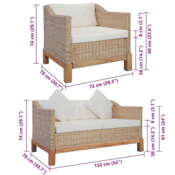 2-tlg. Sofagarnitur mit Kissen Natur Rattan