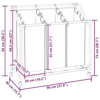 Wäschekorb mit 3 Taschen Creme Stahl 