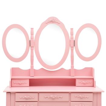 Schminktisch mit Hocker und Dreifach-Spiegel Rosa 