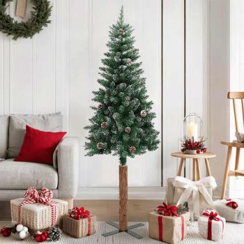 ARDEBO.de - Weihnachtsbaum Schlank mit Echtholz und Schnee Grün 150 cm