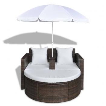 Gartenbett mit Sonnenschirm Braun Poly Rattan