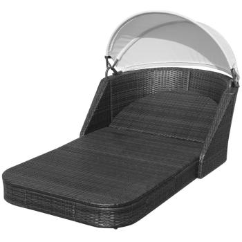 Sonnenliege mit Dach Poly Rattan Schwarz