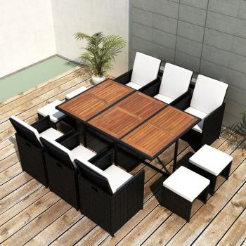 ARDEBO.de - 11-tlg. Garten-Essgruppe Poly Rattan Akazienholz Schwarz