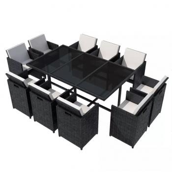 ARDEBO.de - 11-tlg. Garten-Essgruppe mit Auflagen Poly Rattan Schwarz
