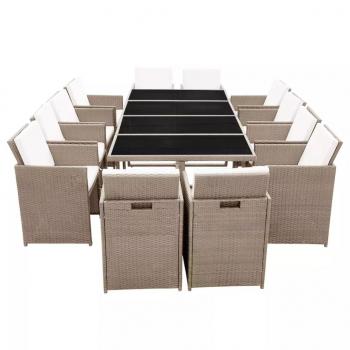 13-tlg. Garten-Essgruppe mit Auflagen Poly Rattan Beige