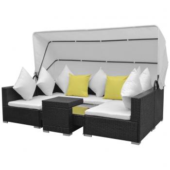 7-tlg. Garten-Lounge-Set mit Sonnendach Poly Rattan Schwarz
