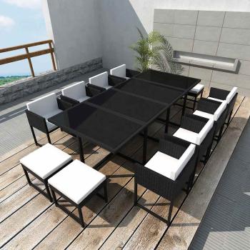 ARDEBO.de - 13-tlg. Garten-Essgruppe mit Auflagen Poly Rattan Schwarz