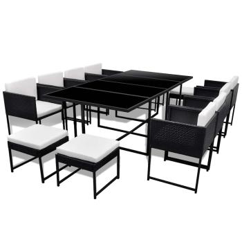 13-tlg. Garten-Essgruppe mit Auflagen Poly Rattan Schwarz