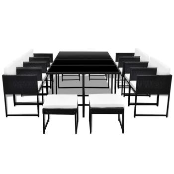 13-tlg. Garten-Essgruppe mit Auflagen Poly Rattan Schwarz
