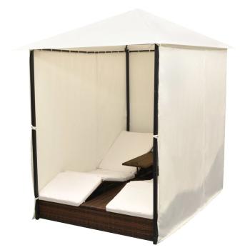 ARDEBO.de - Doppel-Sonnenliege mit Vorhang Poly Rattan Braun