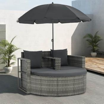 ARDEBO.de - Gartenbett mit Sonnenschirm Grau Poly Rattan
