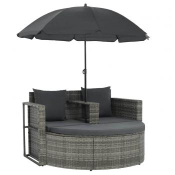 Gartenbett mit Sonnenschirm Grau Poly Rattan