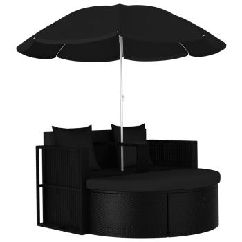 ARDEBO.de - Gartenbett mit Sonnenschirm Poly Rattan Schwarz